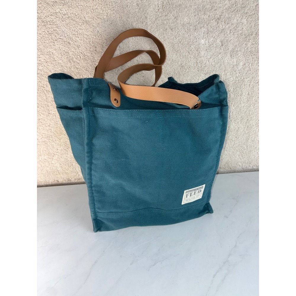 FEED Teal Canvas Tote Bag - Large - Faux Leather Straps Pockets Boho Eco Bag - Picture 9 of 10